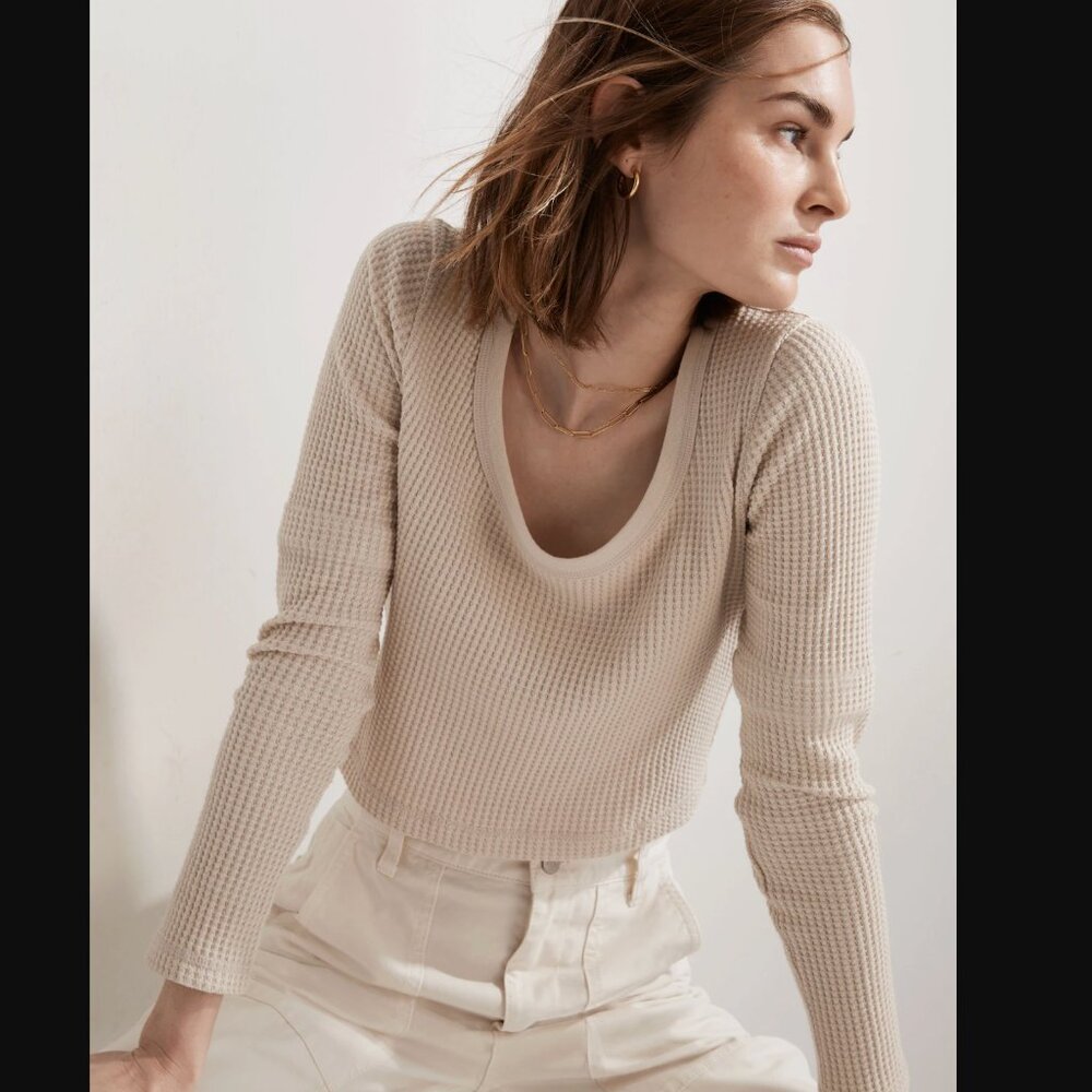 Madewell MWL Waffle Knit Long-Sleeve Crop Tee Size S Beige Minimalist Casual